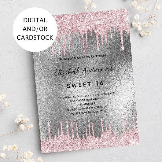 Zachte zilveren glitter van 16 jaar druppelt in ee kaart