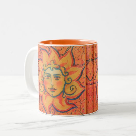 Zachte zon, sprookjeskunst, Oranje geel Tweekleurige Koffiemok (Voorkant links)