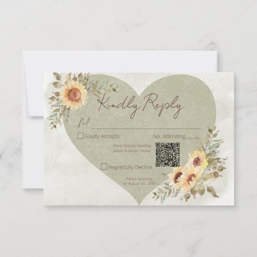 Zachte Zonnebloemen Boho Hart Bruiloft QR Code RSVP Kaartje (Voorkant)