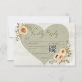 Zachte Zonnebloemen Boho Hart Bruiloft QR Code RSVP Kaartje (Voorkant)