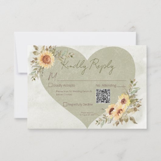 Zachte Zonnebloemen Boho Hart Bruiloft QR Code RSVP Kaartje (Voorkant)
