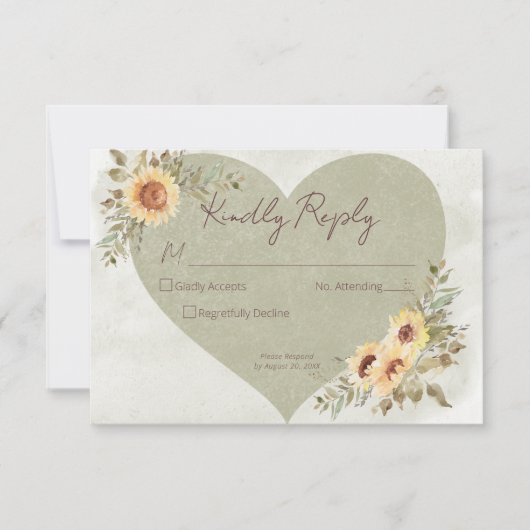 Zachte zonnebloemen Boho hart bruiloft RSVP Kaartje (Voorkant)