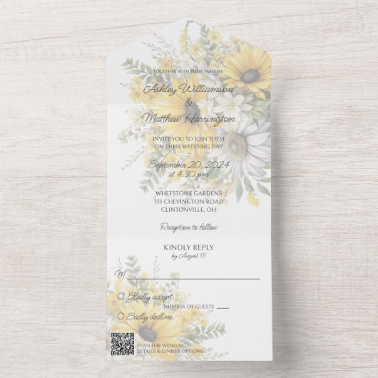 Zachte zonnebloemen en madeliefjes met QR-code All In One Uitnodiging (Binnen)