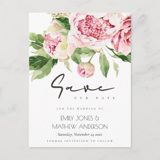 ZACHTE ZWART PEONY FLORAL WATERVERF BEWAREN DE DAT AANKONDIGINGSKAART (Voorkant)