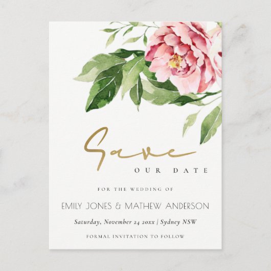 ZACHTE ZWART PEONY FLORAL WATERVERF BEWAREN DE DAT AANKONDIGINGSKAART (Voorkant)