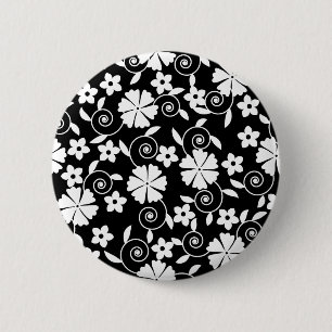 Zachte zwart-wit draaiende bloemenpatroon ronde button 5,7 cm