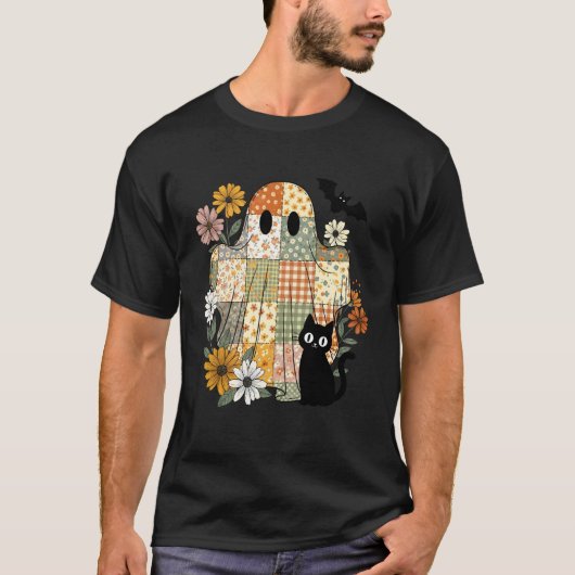Zachte Zwarte Kat Geest Patchwork Halloween Kostuu T-shirt (Voorkant)