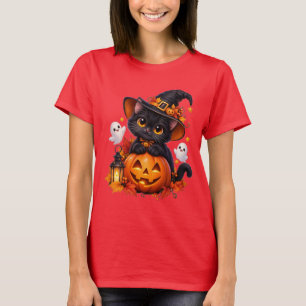 Zachte Zwarte Kat Halloween Pompoen Basic T-Shirt