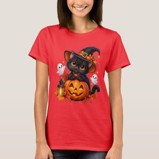 Zachte Zwarte Kat Halloween Pompoen Basic T-Shirt (Voorkant)