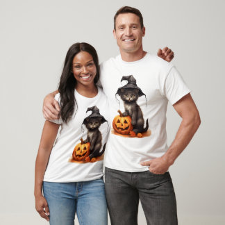 Zachte Zwarte Kat Heksenhoed Pompoen Halloween Kos T-shirt