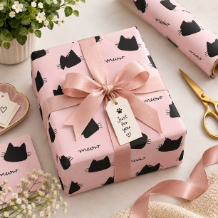 Zachte Zwarte Kat Patroon Roze Meow Kitty Cadeaupapier