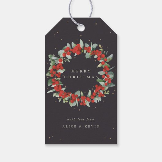 Zachte zwarte rode bessen + eucalyptus kerst/vakan cadeaulabel (Voorkant)