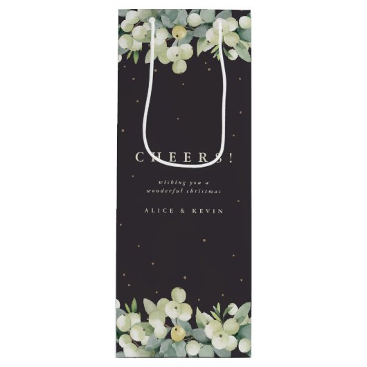 Zachte zwarte Snowberry+Eucalyptus Kerst/Vakantie Wijn Cadeautas (Voorkant)