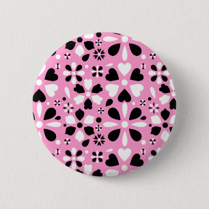 Zachte zwarte witte bloemen ronde button 5,7 cm