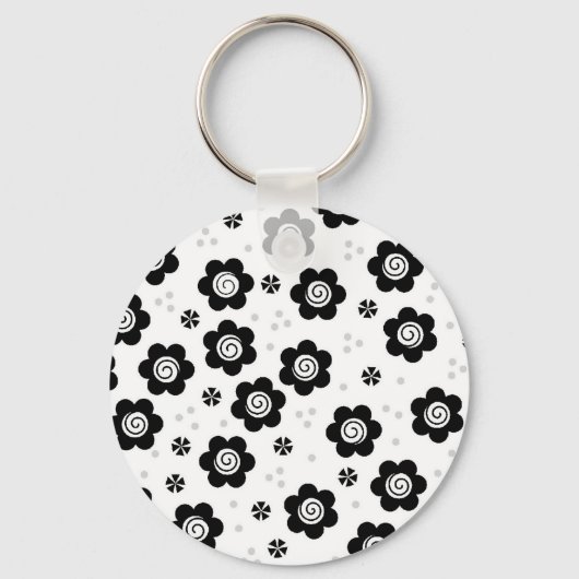 Zachte zwarte witte bloemen Sleutelhanger (Voorkant)