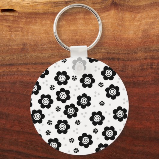 Zachte zwarte witte bloemen Sleutelhanger (Voorkant)