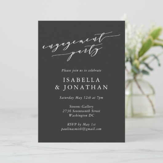 Zachte Zwarte Witte Script Moderne Verlovingsfeest Kaart (Staand voorkant)