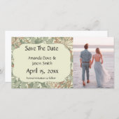 Zachtegroen antieke William Morris Kamperfoelie Save The Date (Voorkant / Achterkant)