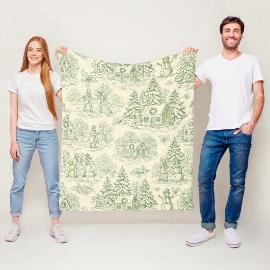 Zachtegroene winterdorps toilepatroon fleece deken (In situ)