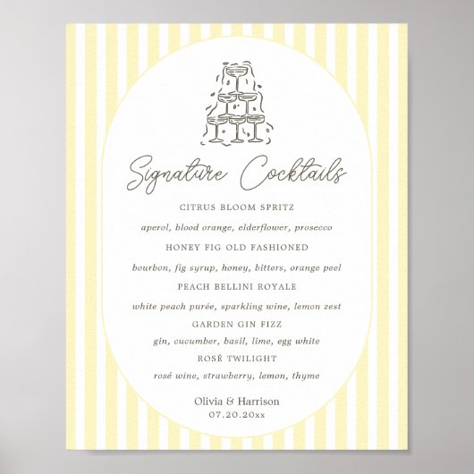 Zachter geel gestreept Signature-drankjesmenu Poster (Voorkant)
