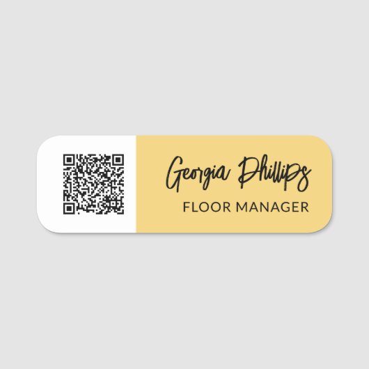 Zachter geel & witte QR-code borstel schrift Naamplaatje (Voorkant)