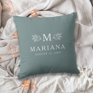 Zachter groenblauwe rustieke monogram gepersonalis kussen
