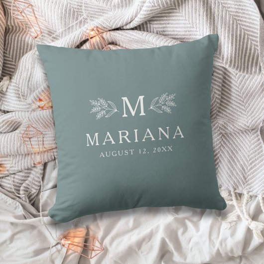 Zachter groenblauwe rustieke monogram gepersonalis kussen
