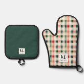 Zachterevergroene Gingham Monogram Ovenwant & Pannenlap Set (Voorkant)