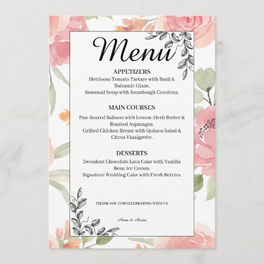 Zachterige Perzik Lente Tuin Bruiloftsmenu Menu (Voorkant)