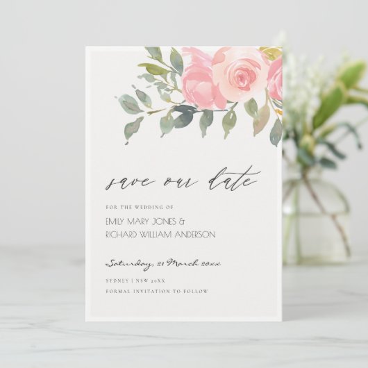 Zachteroute Roze Waterverf Bloem Save the Date Kaa Bedankkaart (Staand voorkant)