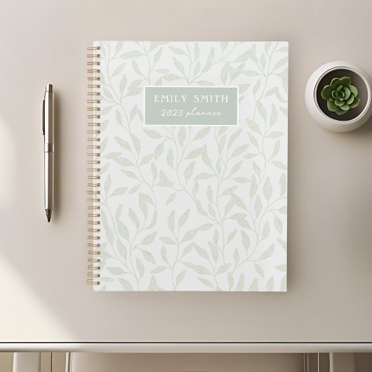 Zachtgrijs en saliegroen blad Custom Naam Planner