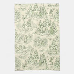Zachtheid Groen Winter Dorp Toile Patroon Theedoek