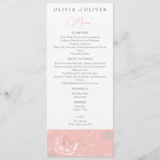 Zachtheid Thee Rozen Bruiloft Menu (Voorkant)