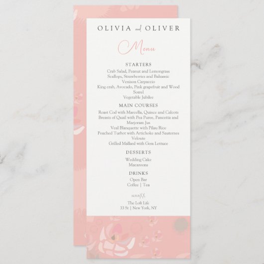 Zachtheid Thee Rozen Bruiloft Menu (Voorkant / Achterkant)