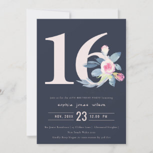 ZACHTNAVY BLUSH BLUE FLORAL 16TH ELKE LEEFTIJD BIR KAART