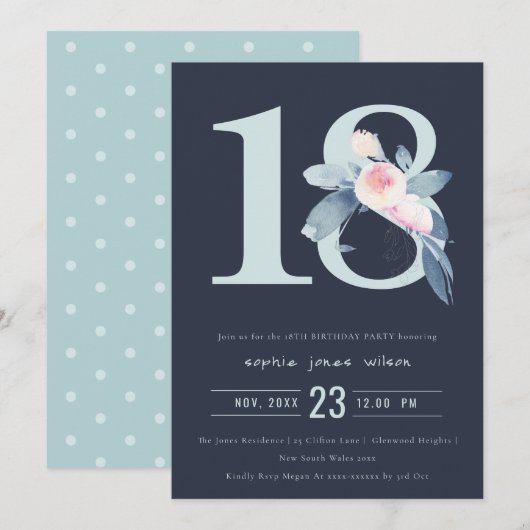 ZACHTNAVY BLUSH BLUE FLORAL 18TH ELKE OUDERDAG KAART (Voorkant / Achterkant)