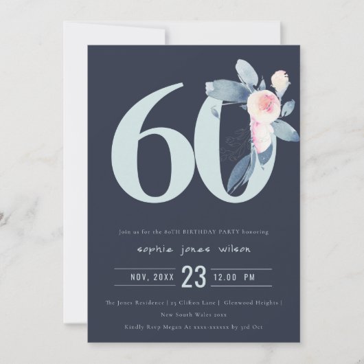 ZACHTNAVY BLUSH BLUE FLORAL 60 TH ELKE OUDERDAG KAART (Voorkant)