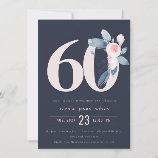 ZACHTNAVY BLUSH BLUE FLORAL 60 TH ELKE OUDERDAG KAART (Voorkant)