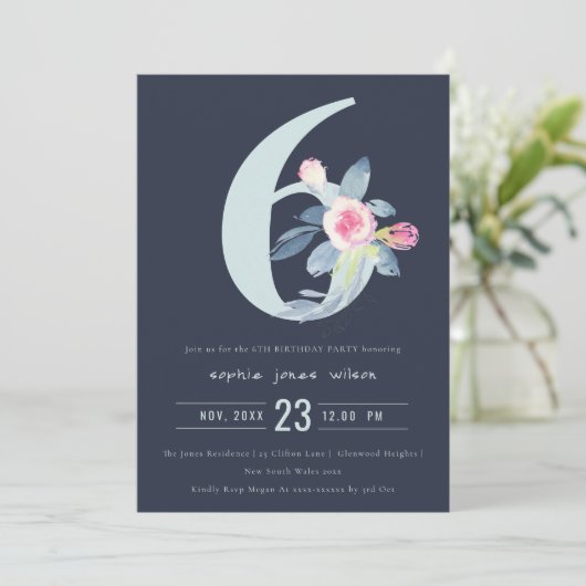 ZACHTNAVY BLUSH BLUE FLORAL 6TH ELKE LEEFTIJD BIRT KAART (Staand voorkant)