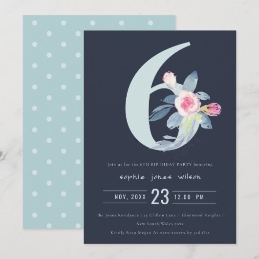 ZACHTNAVY BLUSH BLUE FLORAL 6TH ELKE LEEFTIJD BIRT KAART (Voorkant / Achterkant)