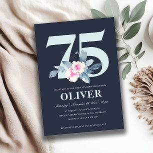 ZACHTNAVY BLUSH BLUE FLORAL 75TH ELKE LEEFTIJD BIR KAART
