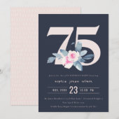 ZACHTNAVY BLUSH BLUE FLORAL 75TH ELKE LEEFTIJD BIR KAART (Voorkant / Achterkant)
