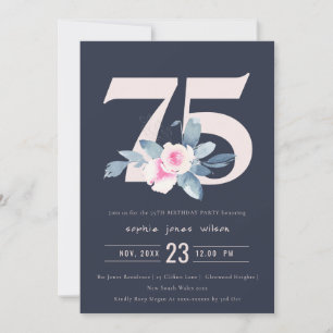ZACHTNAVY BLUSH BLUE FLORAL 75TH ELKE LEEFTIJD BIR KAART