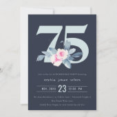 ZACHTNAVY BLUSH BLUE FLORAL 75TH ELKE LEEFTIJD BIR KAART (Voorkant)