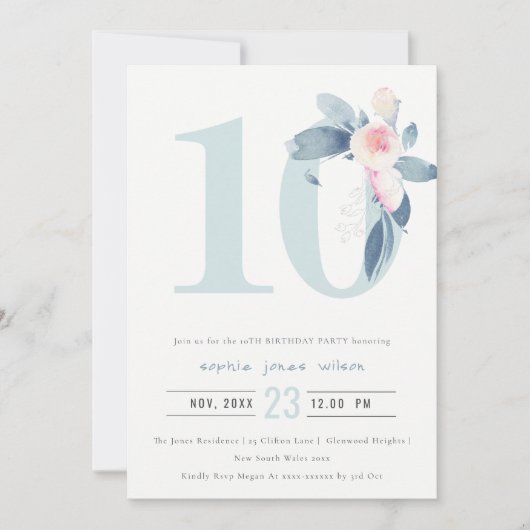 ZACHTPINK BLUSH BLUE FLORAL 10TH ELKE LEEFTIJD BIR KAART (Voorkant)