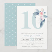 ZACHTPINK BLUSH BLUE FLORAL 10TH ELKE LEEFTIJD BIR KAART (Voorkant / Achterkant)