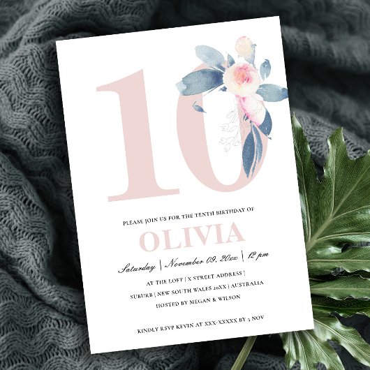 ZACHTPINK BLUSH BLUE FLORAL 10TH ELKE LEEFTIJD BIR KAART