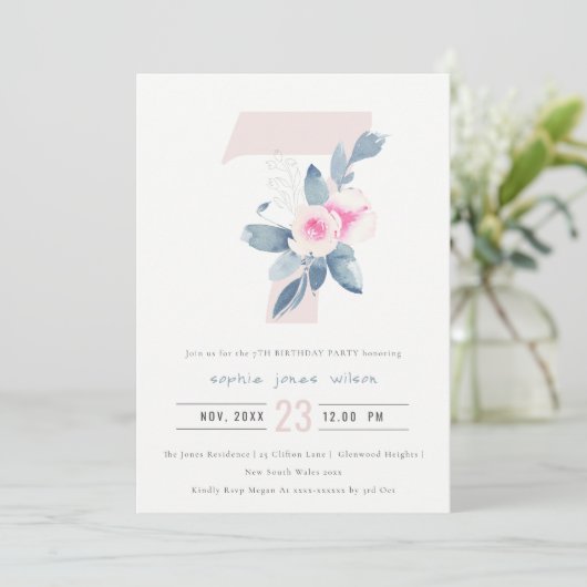 ZACHTPINK BLUSH BLUE FLORAL 7TH ELKE LEEFTIJD BIRT KAART (Staand voorkant)