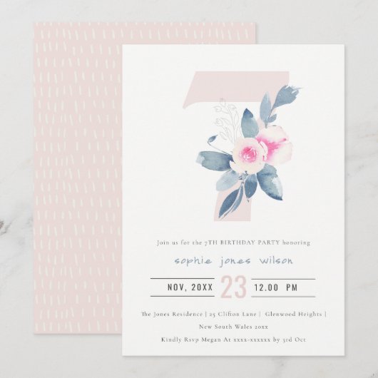 ZACHTPINK BLUSH BLUE FLORAL 7TH ELKE LEEFTIJD BIRT KAART (Voorkant / Achterkant)