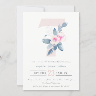 ZACHTPINK BLUSH BLUE FLORAL 7TH ELKE LEEFTIJD BIRT KAART
